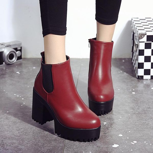 

lady boots women's rubber shoes rain winter footwear boots-women luxury designer round toe high heel mid-calf low rock, Black