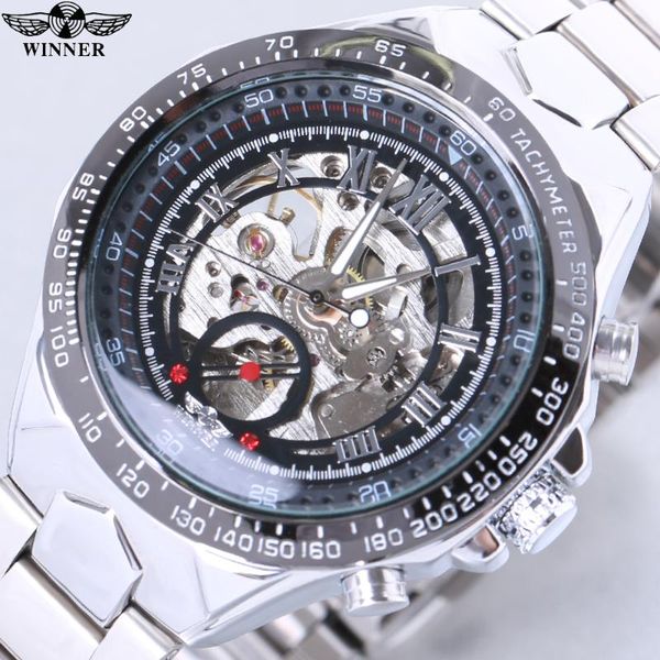 

winner classic series golden movement inside silver stainless steel mens skeleton watch fashion automatic watch, Slivery;brown