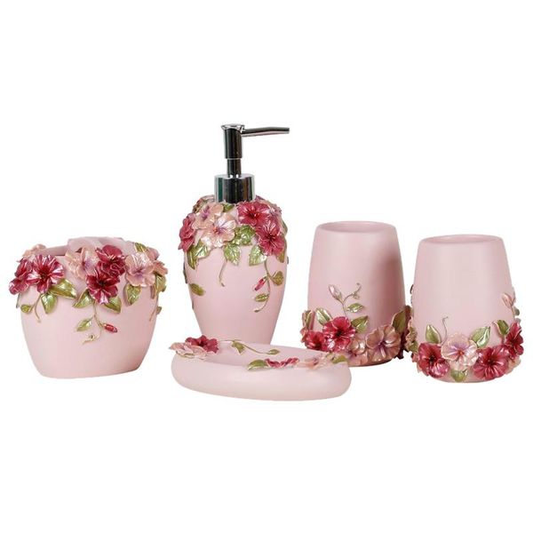 

country style resin 5pcs bathroom accessories set soap dispenser/toothbrush holder/tumbler/soap dish (pink)