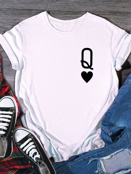 

letter & heart print round neck tee 01ft#, White