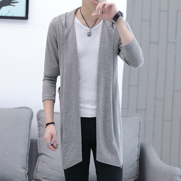 

windbreaker mid long korean fashion new hooded knitted cardigan coat men's spring autumn cape big clothes, Tan;black
