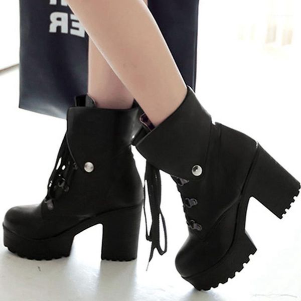 

boots doratasia 2021 square high heels platform shoelace big size 43 winter women shoes ankle motorcycles boot1, Black