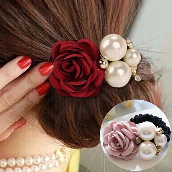 

hair accessories 1pc women fashion style big rose flower pearl rhinestone bands elastic rope ring 7 colors for girls