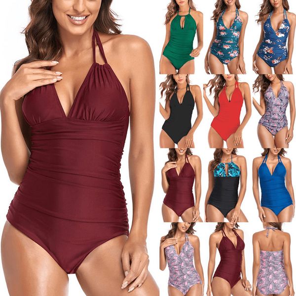 

zl0491 set women printed gathering deep v covering belly slim bikini swimsuit lady three-point swimwear female biquini girl summer swimming, Red;black