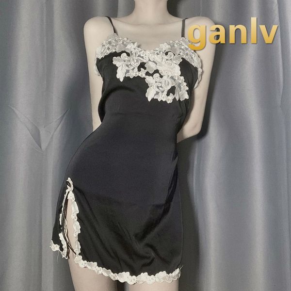 

women' silk pajamas home underwear suspender nightdress + t-string suit, Red;black