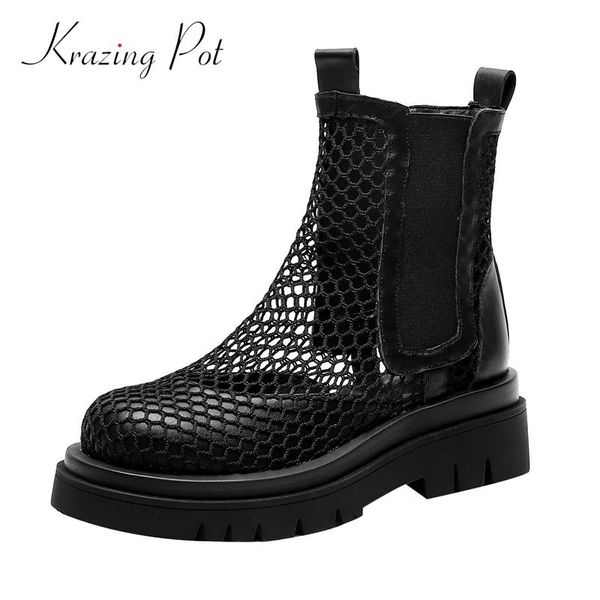 

krazing pot cow leather air mesh breathable sunscreen waterproof high heels summer shoes women round toe mature ankle boots l60, Black