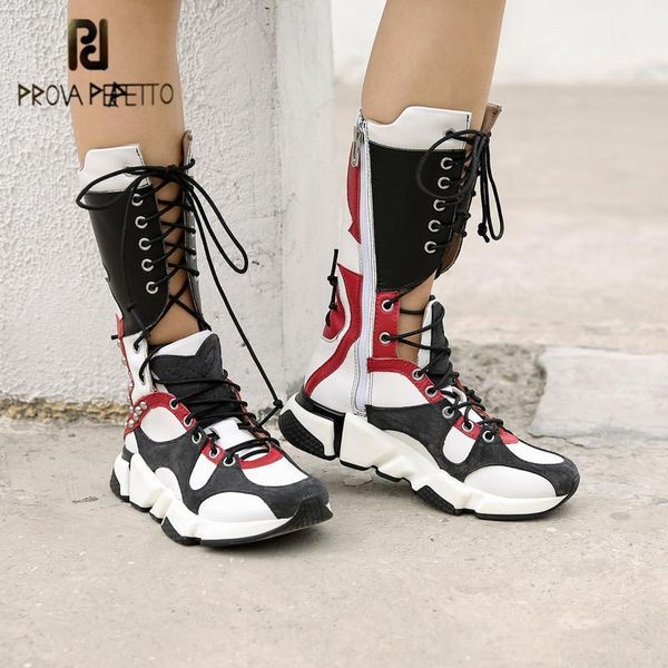 

boots prova perfetto genuine leather women's thigh high mixed colors cross-tied height increasing wearproof sneaker 20211, Black