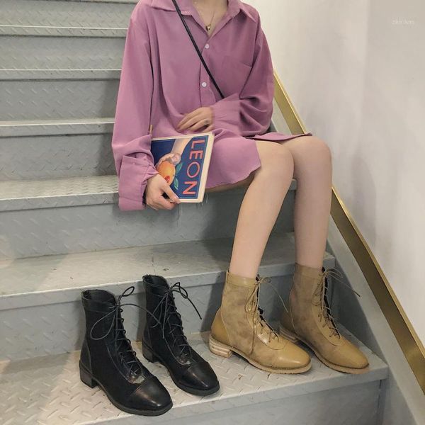 

rome classics women mid calf boots pu cross-tied vintage winter boots low round toe square heel plus size shoes lace-up1, Black