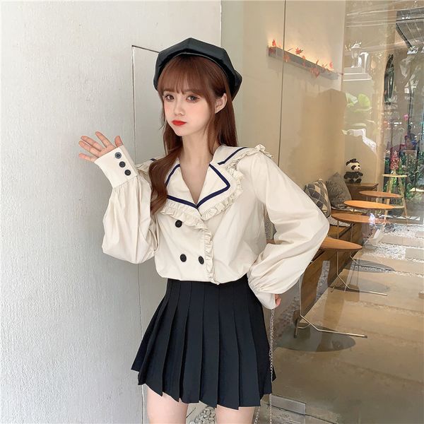 

2021 new japanese chiffon blouses women navy collar wooden ear double-row buckle long-sleeved shirt woman autumn winter new y11n, White