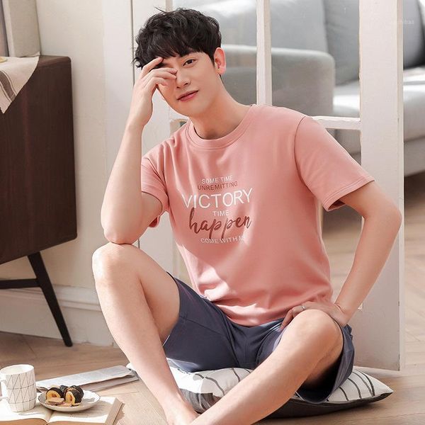 

summer casual pajamas set men short sleeve middle pants cotton korean pink household clothes home two-piece suit sleepwear1, Black;brown