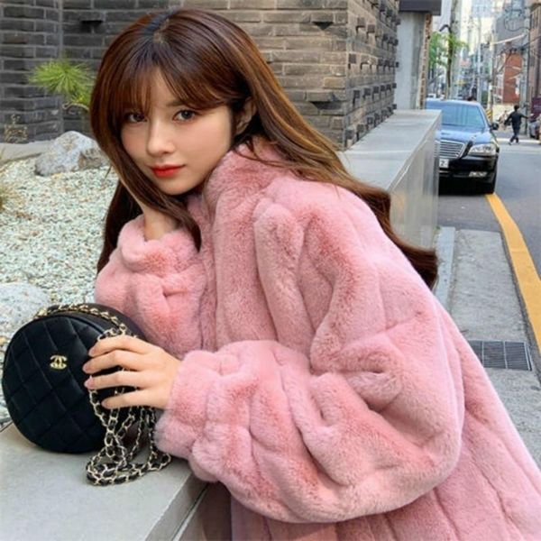 

2021 women autumn winter faux fur coats female solid stand collar mid-long plush jackets lady casual loose outerwear e254, Black