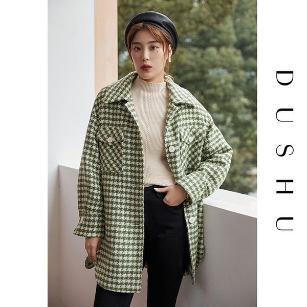 

dushu green plaid wool blend coat plus size women casual streetwear short winter coat female woolen vintage oversized jacket, Black