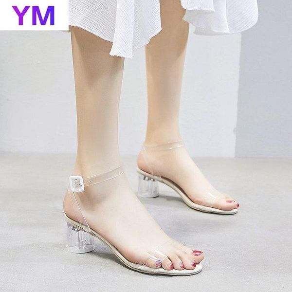 

dress shoes summer high heels buckle woman sandals clear pvc transparent ladies square toe beach ankle strap zapatillas mujer, Black