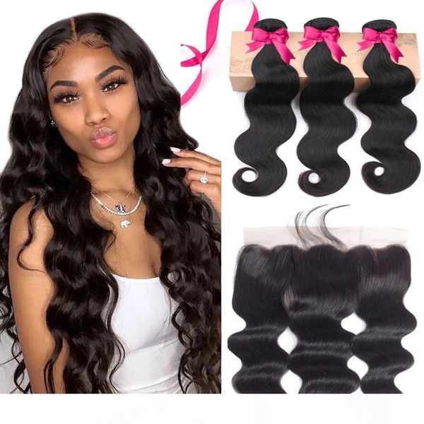 

hair body wave bundles with frontal malaysian human 3 bundles with 13*4 lace fronta origional humanhair extensation, Black