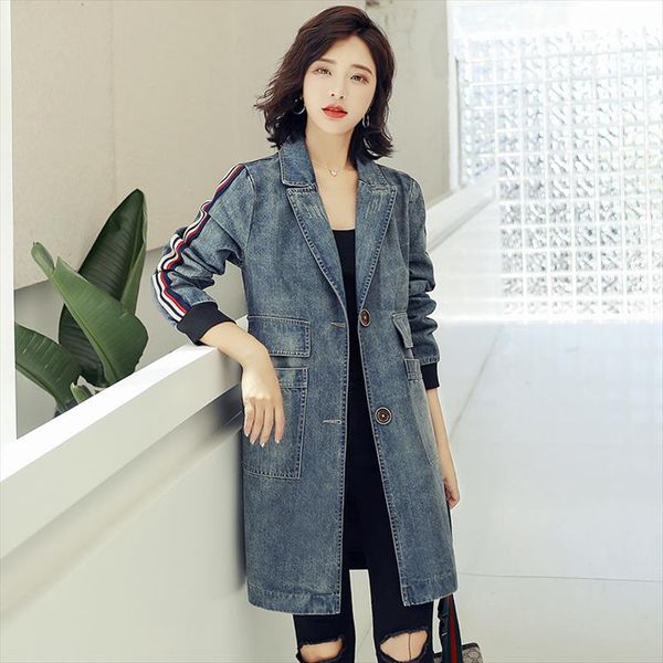 

fashion washed denim jeans windbreaker women chaqueta mujer streetwear autumn long trench coats coat for female cloak, Tan;black