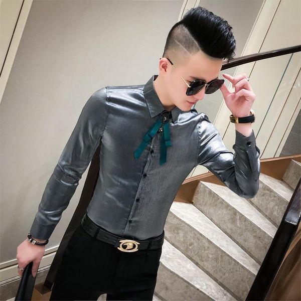 

2020 new non-iron anti-wrinkle korean slim male british host long-sleeved shirt groom wedding smooth material senior men's shirt, White;black