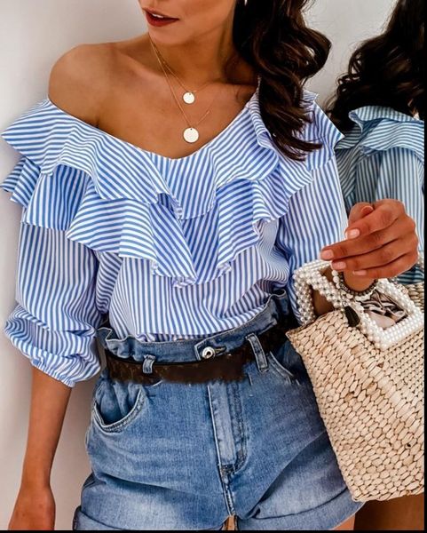 

womens lace blue striped ruffles chic jumper short sleeve casual shirt women clothing girls blusa hot, White