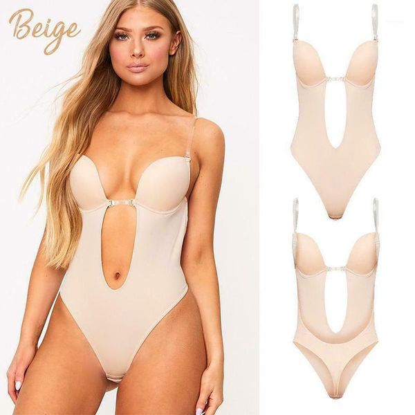 

women plunging deep v-neck strapless backless bodysuit for wedding body shaper bra shapewear u plunge jl1, Red;black