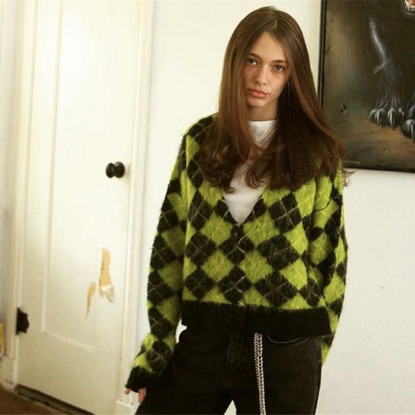 

women's knits & tees xinhuaease knitted cardigans bouton sweaters argyle duveteux mohair green fall korean winter autumn clothes warm, White