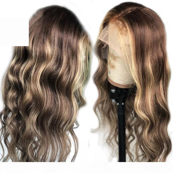 

natutal hairline 13x6 lace front wigs remy human hair wigs natural wave honey blonde highlight brown full lace wig, Black