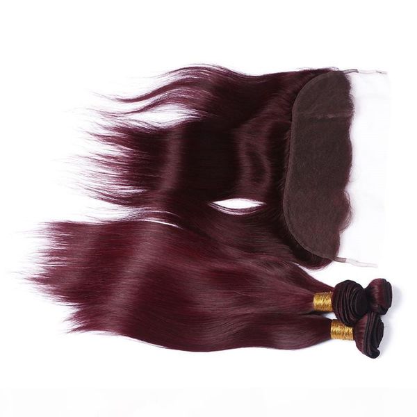 

#99j wine red virgin malaysian remy human hair wefts with lace frontal straight burgundy 13x4 full lace frontal closure with 3bundles, Black;brown