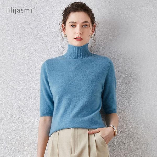 

women's sweaters women ribbed turtleneck half sleeve side slit pullover real 100% cashmere high neck knitted tshirt basic sweater jumpe, White;black