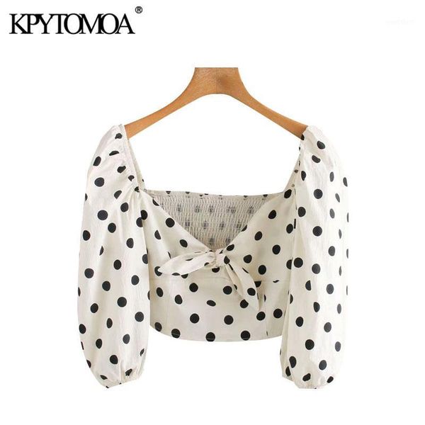 

kpytomoa women 2020 sweet fashion polka dot cropped blouses vintage v neck short sleeve back elastic female shirts chic 1, White