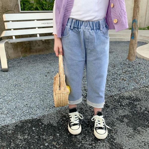 

2021 spring new arrival girls fashion denim pants kids lace trousers, Blue