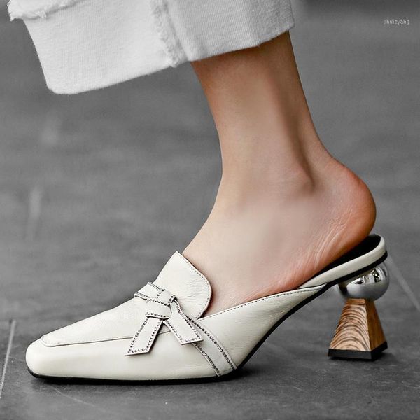 

3 color plus size 34-42 women's genuine leather high heel mules square toe bowtie elegant ladies sandals slingback pumps shoes1, Black