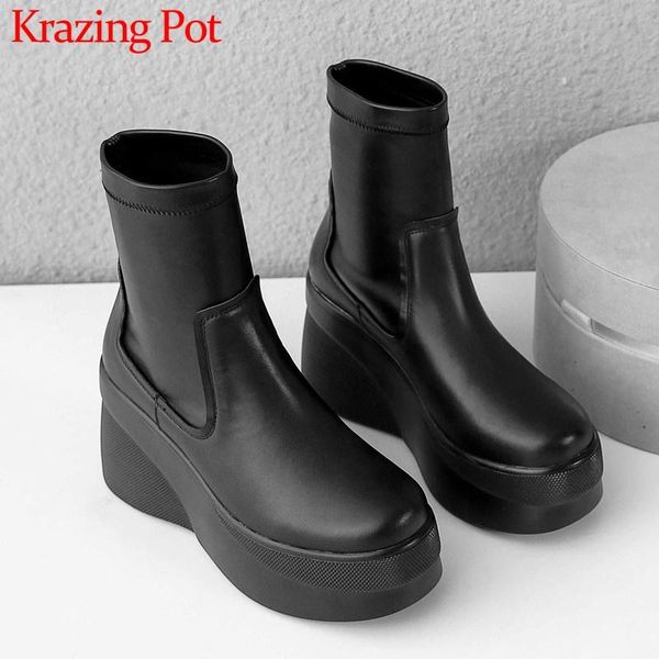 

krazing pot leisure style thick bottom waterproof cow leather stretch boots round toe solid winter women campus ankle boots l21, Black