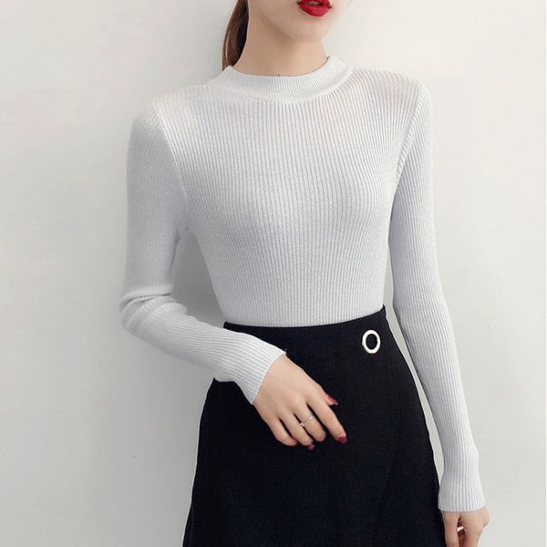 

autumn winter long sleeve sweater women shiny pullover women basic sweater femme turtleneck korean style knit lj201126, White;black