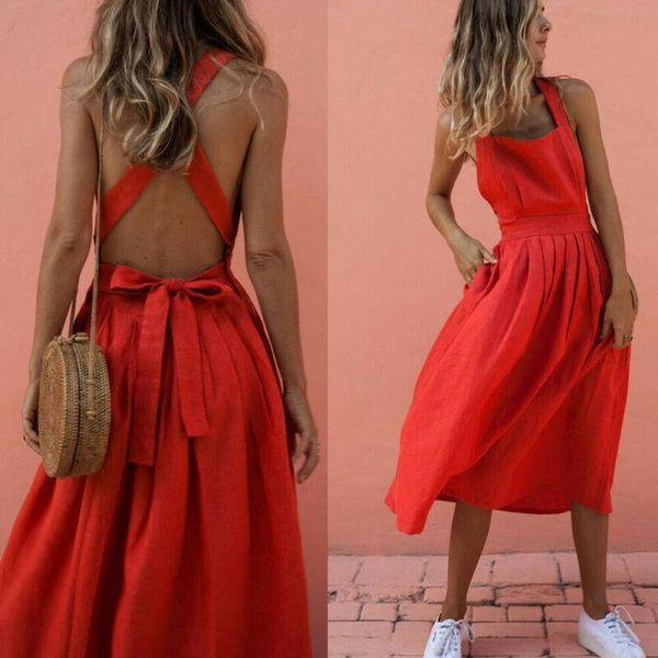 

fashion strap backless dress women summer sleeveless tie bow pleated sundress casual beach holiday party red dresses, Black;gray