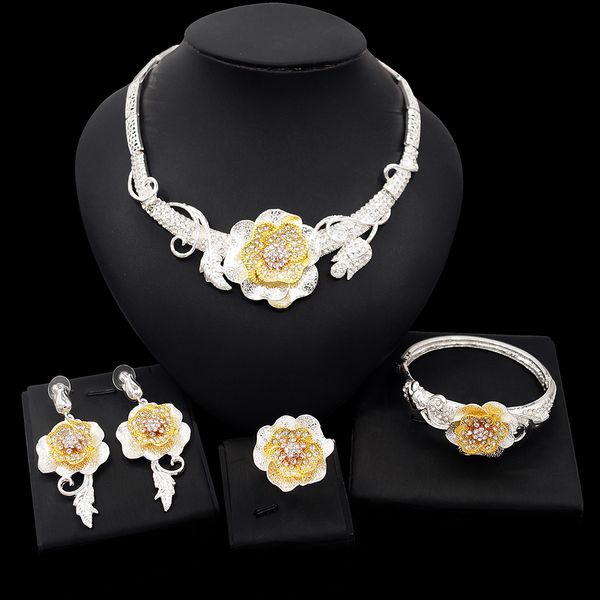 

yulaili latest wedding jewelry sets bridal dubai gold jewelery flowers choker necklace dangle earrings bracelet ring accessories, Black
