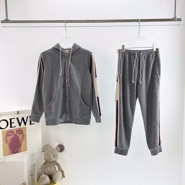 

2020 spring and autumn italian classic webbing stripes men and women zipper cardigan sweatshirt hoodie beam foot pants casual sportswear, Gray