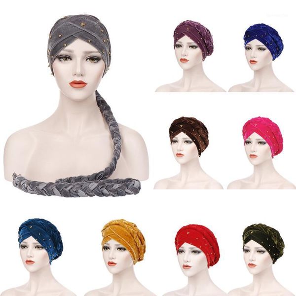 Beanie/Skull Caps Donne musulmane Velluto Copricapo Copricapo Turbante Cappello Foulard Islamico Lunga treccia Perdita di capelli Cancro Chemio Cap Beanie Tinta unita1