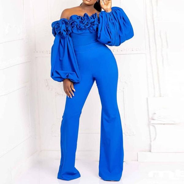 

women's jumpsuits & rompers fall clothes for women 2021 fashion blue off shoulder pleated puff long sleeve one piece outfit jumpsuit ro, Black;white