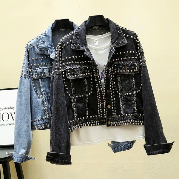 

hand studded rivet denim jacket women long sleeve short jackets ladies casual loose denim coats women short jackets streetwear, Black;brown