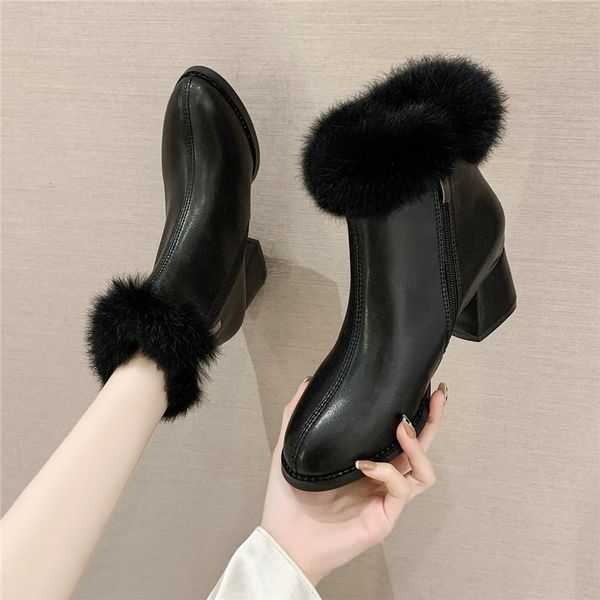 

shoes lady boots winter footwear luxury designer plush round toe boots-women 2020 fashion fur mid-calf low rubber mid, Black