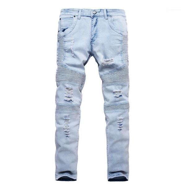 

fashion 2020 spring autumn casual biker locomotive fold hip hop distressed pleated fold skinny jeans men vintage pants men1, Blue