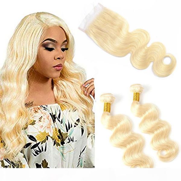 

613# blonde body wave 2 bundles with 4x4 lace closure malaysian virgin hair extensions 8-30inch bundles with closure baby hair 613#, Black;brown