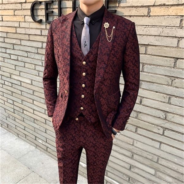 

3 pieces mens suit with pants teros wedding prom suits for men red blue floral jacquard slim fit tuxedo garnitur meski 201105, White;black