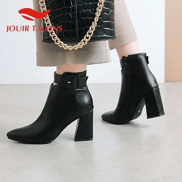 

jouir talons plus size 34-43 shoes female office ladies pointed toe spike heels buckle straps zip ankle boots, Black