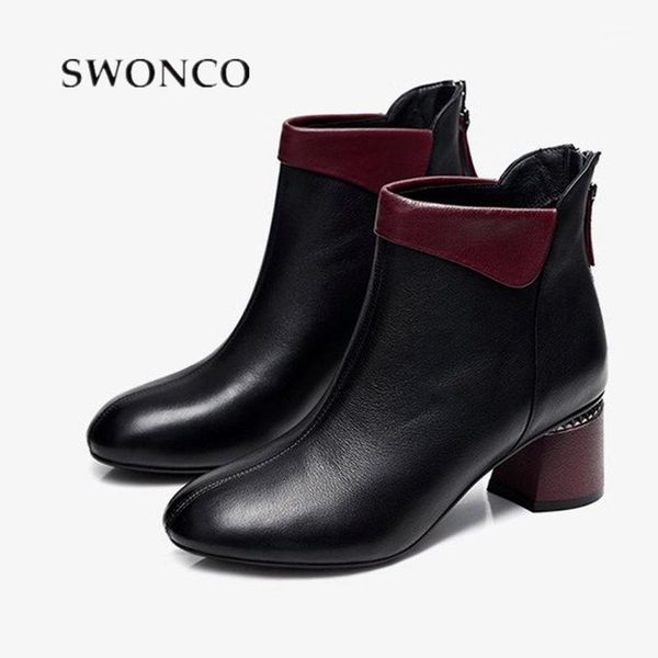 

swonco 42 new shoes woman 2020 autumn high heels ankle boots female size 35-40 spring black boots fashion office pu leather boot1