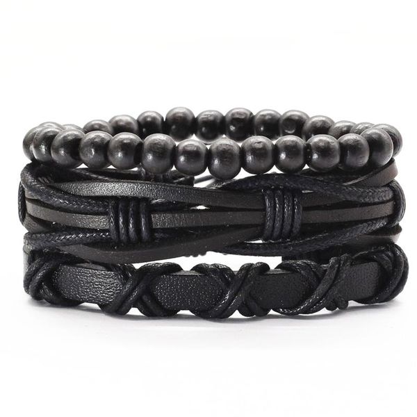 

tennis 3 pcs/set handmade woven wood beads strand black brown genuine men leather women bracelets bangles homme femme gift jewelry, Golden;silver