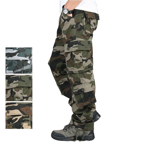 

men's cargo pants casual multi pockets camouflage tactical pants men pantalon hombre straight long loose trousers plus size 42 201110, Black