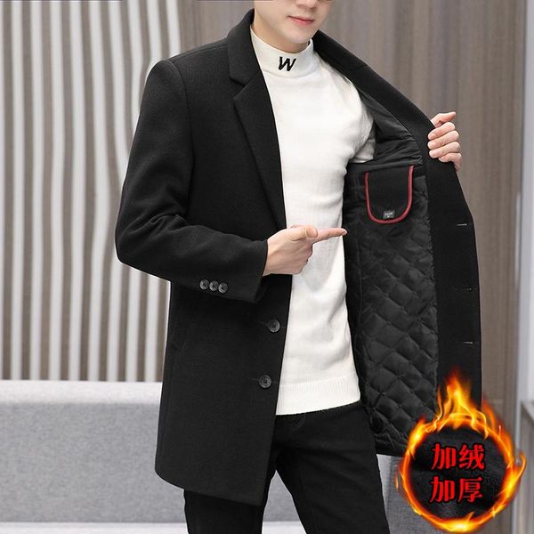 

business outwear men's casual autumn winter cotton coat plussize streetwear heavy woolen overcoat medium length long windbreaker, Black