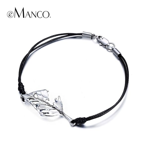 

emanco simple nature leaf skeleton handmade charm bracelets & bangles for women black wax rope metal silver plated plant jewelry y200323, Golden;silver
