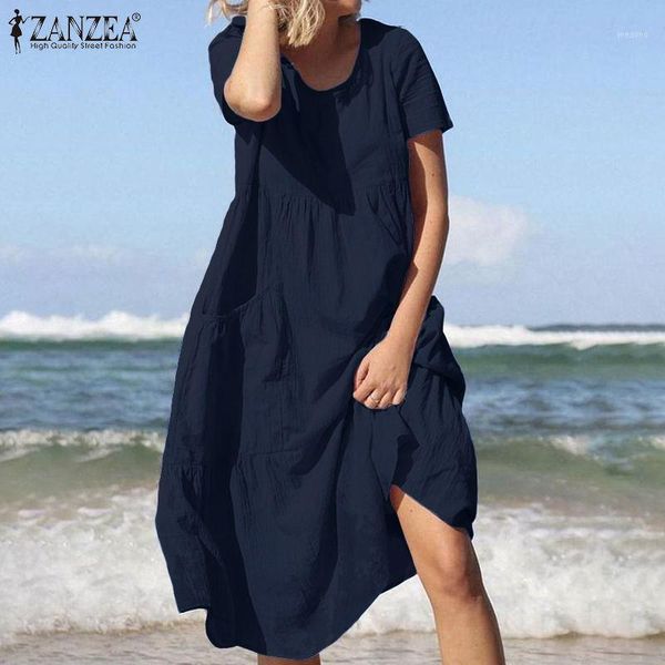 

zanzea women vintage summer cotton linen dress casual short sleeve solid midi dresses robe femme sundress work vestido mujer1, Black;gray