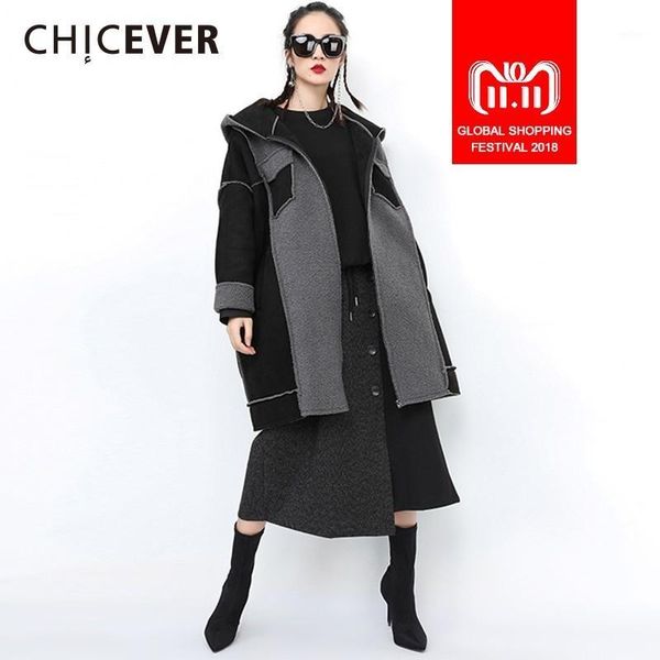 

chicever 2018 winter women's coat female jackets hooded batwing sleeve zipper hit colors oversize coats casual clothes new1, Black