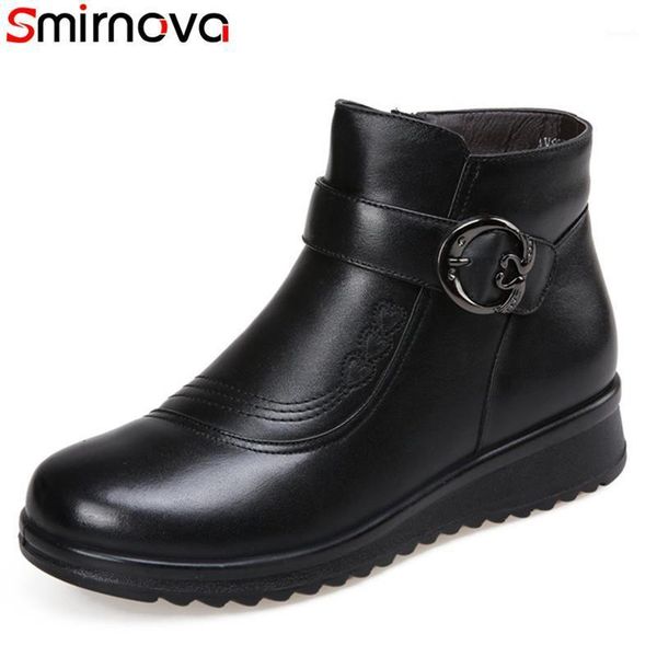 

boots smirnova 2021 arrival winter black round toe genuine leather ankle for women casual flat platform ladies shoes1